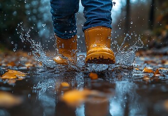 Person in Yellow Rain Boots Splashing Through a Puddle with Autumn Leaves


