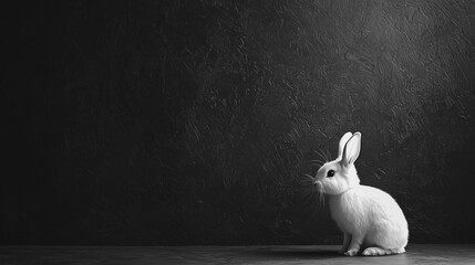 Monochrome Easter composition, white bunny silhouette on a dark textured background, ultra-minimalist style. 