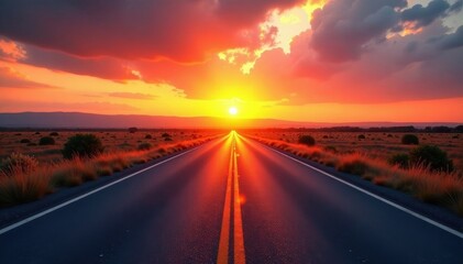 Naklejka premium Sun-kissed road stretches towards brilliant sunset panorama , picturesque, vast