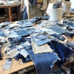 Denim Fabric Scraps on Wooden Table in Workshop