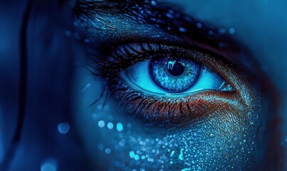 A stunning close-up reveals a woman's blue eye adorned with shimmering glitter makeup, evoking a dreamy ambiance.