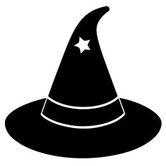 Witch hat black silhouette vector, Simple silhouette Design vector icon with white background. Halloween Witch Hat Silhouette