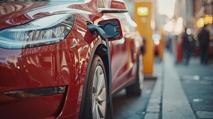 Bright red car with an electric charger highlighting the shift towards sustainable transportation