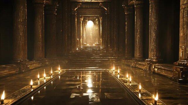 Ancient temple interior illuminated by candles, with ornate columns and reflective surfaces in a mystical atmosphere