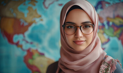 A young woman in a hijab and glasses stands confidently in front of a colorful world map, embodying diversity and global awareness.
