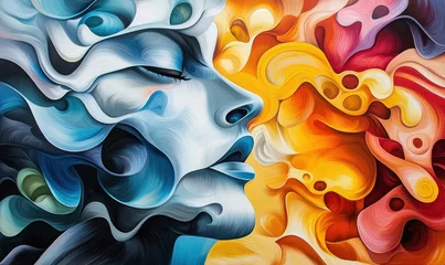 Fotobehang Abstracte kunst An abstract portrait blends cool blues with warm hues in a swirling, vibrant design.  © NovaVision