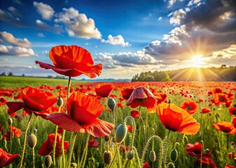 Fototapeta premium A breathtaking landscape of wildflowers: a sea of red poppies blooming in a summer meadow.