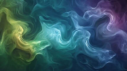 A digital abstract background of swirling blue and green smoke or mist.