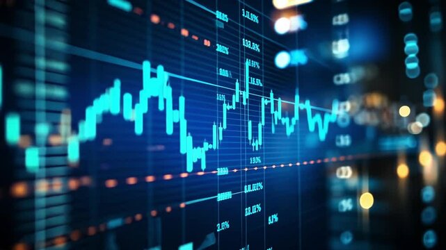 Dynamic financial data displays fluctuations in stock market trends, highlighting key metrics and insights in an urban environment during nighttime