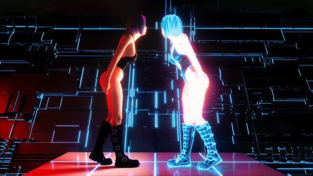 Virtual Reflections: A Cyberpunk Face-Off.. 3d rendering