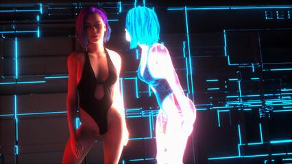 Virtual Reflections: A Cyberpunk Face-Off.. 3d rendering