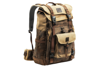 A Rugged Canvas Backpack, Perfect For Adventurous Journeys, Boasting Distressed Leather Accents And Vintage-inspired Buckles, Ready To Carry Your Gear Through Unknown Terrains Isolated on Transparent
