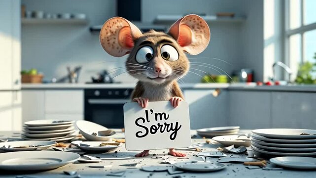 cute guilty cartoon mouse in the kitchen among broken dishes with a sign saying i'm sorry