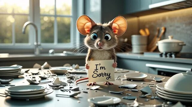 cute guilty cartoon mouse in the kitchen among broken dishes with a sign saying i'm sorry