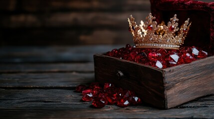 A stunning golden crown rests in a wooden box filled with sparkling red gemstones, showcasing elegance and opulence in a striking composition that captures the viewer's attention.