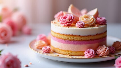 Rose cake layered with delicate pastel hues, rose aroma uplifting romantic theme, rose details inspiring creative branding for wedding events, capturing premium dessert campaigns worldwide.