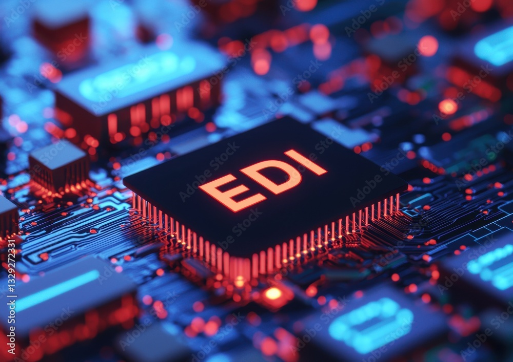Poster electronic data interchange concepts. a close-up image of a microchip on a circuit board, illuminate