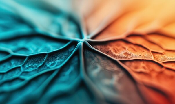 Intricate leaf veins displayed in a macro shot, beautifully contrasted with cool blue and warm orange hues.