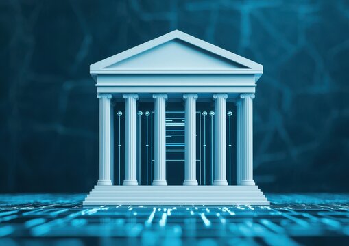 A digital representation of a neoclassical building with columns, symbolizing stability and governance in a technology-driven environment.