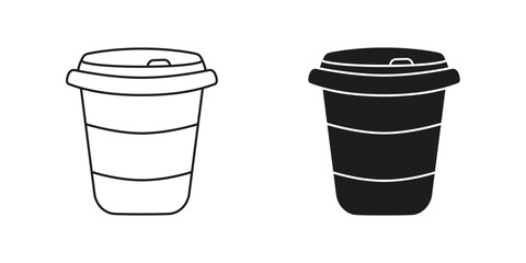 Takeaway Coffee Cup Line and Silhouette Icon Set. Disposable Cup with Lid Symbol. Editable Stroke. Isolated Vector Illustration
