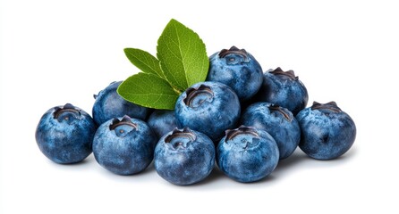 Fototapeta premium Plump Blueberries with Green Leaves on White Background
