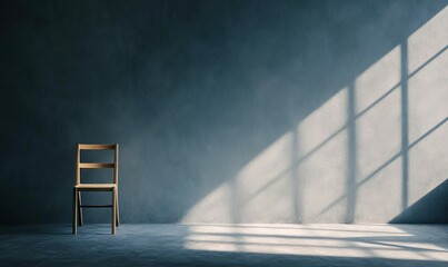 A wooden chair stands alone in a room with sunlight creating an interplay of light and shadow on the blue wall.