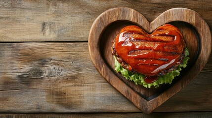 A sizzling BBQ burger with smoky sauce on a heart-shaped plate, placed on a wooden dining table
