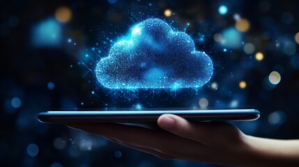 A hand holding an tablet with a digital, glowing blue cloud icon floating above it, symbolizing the concept of cloud technology and online storage for virtual data in a futuristic business setting.