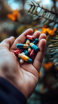 A hand holds various capsules of buprenorphine within a nurturing atmosphere, emphasizing the importance of treatment and mental well-being. The natural surroundings enhance the moment.