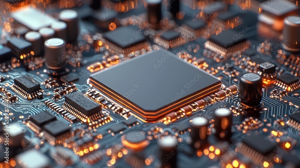 Poster close-up of a computer chip highlighting complex circuitry and intricate design features for technol