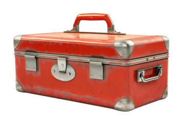 A Weathered Red Metal Suitcase, A Silent Storyteller Of Journeys Past, Hints At Forgotten Adventures And Treasured Memories In A Crisp, Clean Studio Shot Isolated on Transparent Background