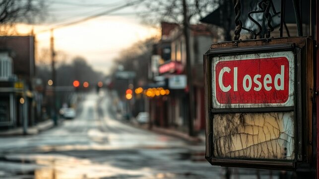 Once vibrant street now sits quiet and deserted, marked by numerous closed signs on business doors, showcasing the impact of economic challenges on the community.