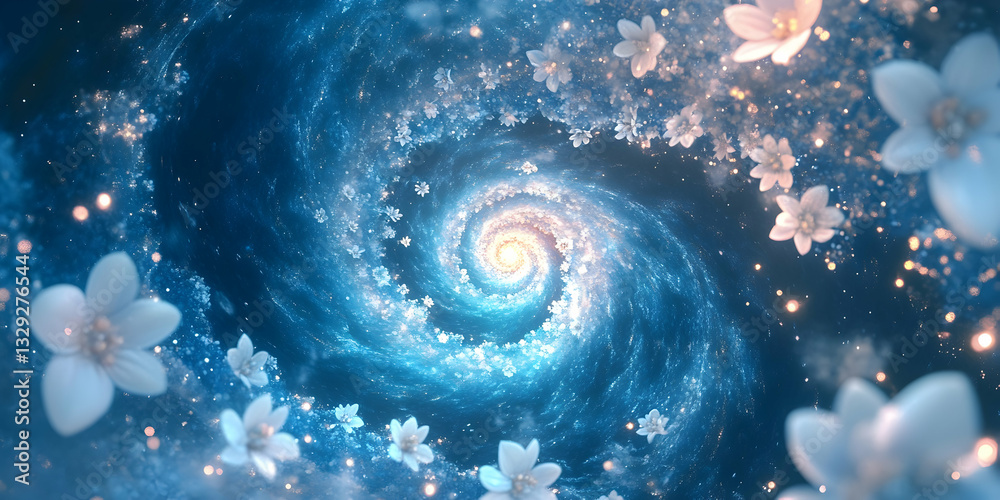 Canvas Prints a blue spiral galaxy with white snowflakes floating in it, a 3d rendering of the milky way galaxy on