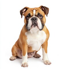 Obraz premium Portrait of a Brown and White Bulldog Sitting Against a White Background