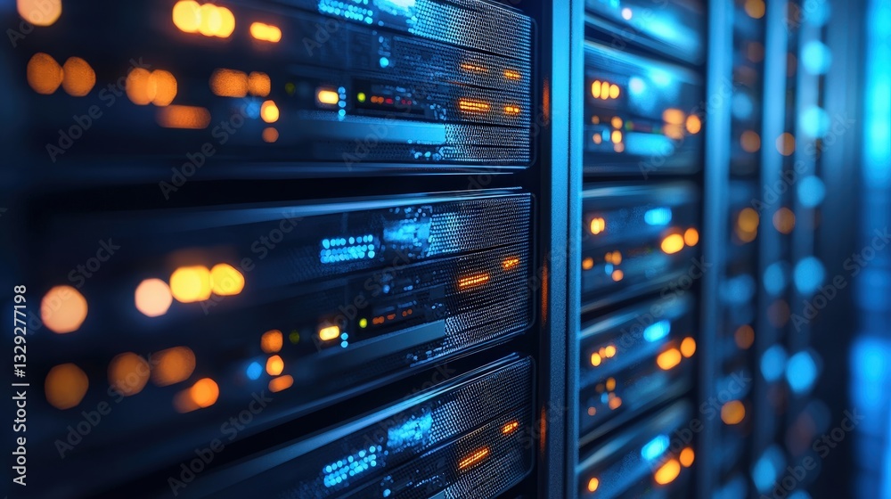 Poster modern server rack filled with high-tech equipment in a data center for efficient information storag