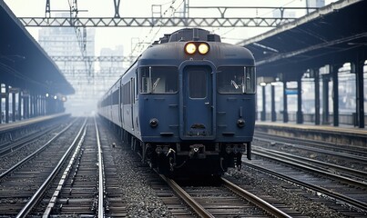 Obraz premium A classic blue train arrives at the station, its headlights gleaming through the misty air.