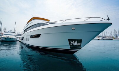 A modern white yacht is moored in a tranquil marina, reflecting in the azure water.