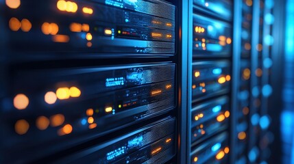 Modern server rack filled with high-tech equipment in a data center for efficient information storage