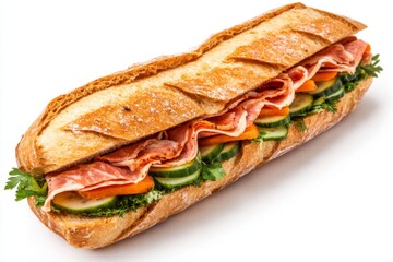 A bÃ¡nh mÃ¬ sandwich with Vietnamese pork, pickled carrots, cucumbers, and fresh cilantro, served on a baguette