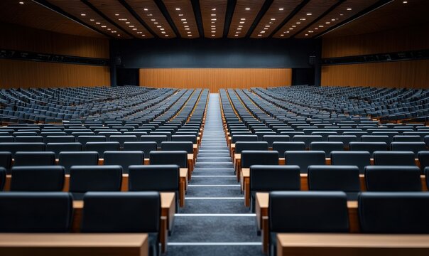 A spacious and empty conference hall with rows of seating awaits its next event or presentation.