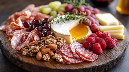 Delicious Gourmet Cheese Board with Salami Grapes Walnuts Almonds and Raspberries Festive Appetizer Food Photography Wooden Board red wine meat party 