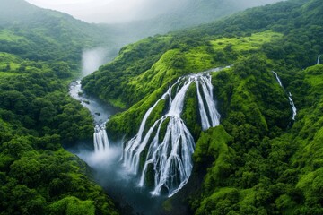 Fototapeta premium A cascading waterfall tumbling down the side of a steep mountain, surrounded by lush greenery