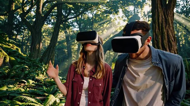 Virtual reality family future simulation. Couple walks in prehistoric jungle, experiencing reality family future simulation. A giant dinosaur appears, making the digital adventure more intense.
