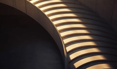 Sunlight creates strong contrast on a curved concrete staircase, highlighting the architectural design.