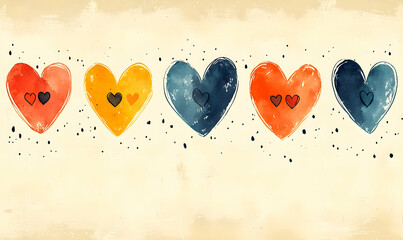 Five watercolor hearts in warm tones on a textured background.  Simple, charming design