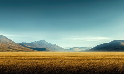 Obraz premium Golden wheat field extends to the rolling hills under a serene sky, creating a peaceful landscape.