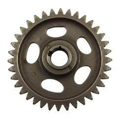 A metallic gear with evenly spaced teeth and hollow cutouts, designed for mechanical systems and industrial machinery.