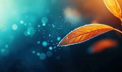 Golden leaf adorned with shimmering droplets set against a vibrant bokeh backdrop.