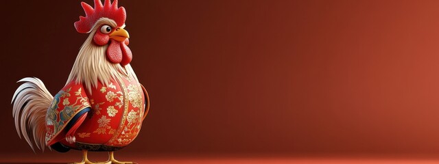 Vibrant Animated Rooster in Traditional Chinese Attire with Detailed Patterns and Textures