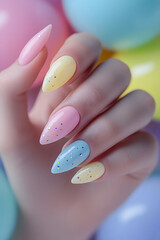 Delicate pastel nails shimmer with glitter, set against a backdrop of colorful balloons, exuding cheer and creativity.